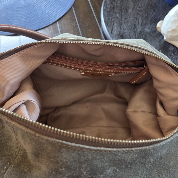 The Sak Olive Green Suede Shoulder Bag with Brown Leather Trim - Picture 9 of 16